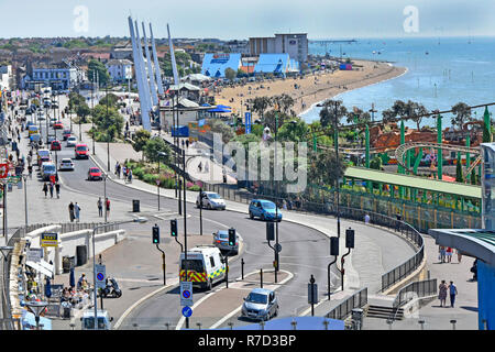 Looking down view from above Southend on sea holiday seaside resort waterfront beach & fairground promenade Thames Estuary Essex coast England UK Stock Photo