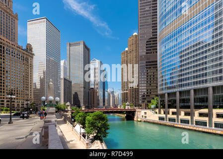 Chicago downtown and Chicago River at summer sunny day, Chicago, Illinois.