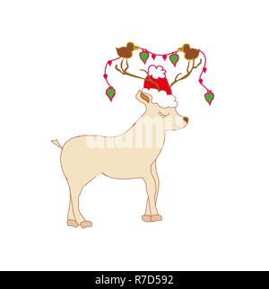 Christmas card with reindeer. Cute cartoon deer. Stock Vector