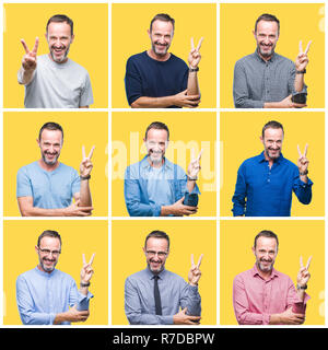 Collage of senior hoary elegant man over yellow isolated background smiling with happy face winking at the camera doing victory sign. Number two. Stock Photo