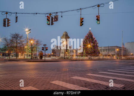 A Night View of Clinton Square with Christmas Tree Lit in Preparation for the New Year at Downtown Syracuse, New York Stock Photo