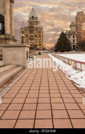 Syracuse Savings Bank Building was built in 1876 with Gothic style at Clinton Square in downtown Syracuse, New York State, USA. Now this building is a Stock Photo