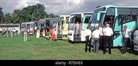 Public transport group of coach bus driver & row of coaches wait to collect people passengers from summer event start  journey travel home England UK Stock Photo