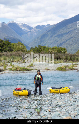 Packrafting in Fiordland National Park, New Zealand Stock Photo