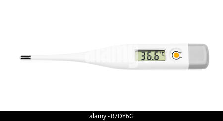 Digital thermometer showing the temperature of 36.6 C on a white background, isolated Stock Photo