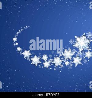 White Snowflekes Trail. Snowfall on blue background. Snowstorm pattern. Vector illustration Stock Vector