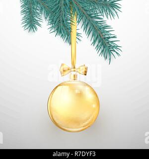 Merry Christmas and Happy New Year. Holiday decoration elements. Golden glitter Christmas ball with gold ribbon and bow hanging on New Year Tree. Vect Stock Vector