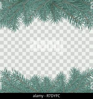 Fir branch border. Winter holiday decoration element on transparent background with space for greeting text. Vector illustration Stock Vector
