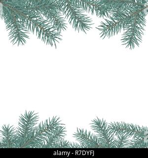 Fir branch border. Winter holiday decoration element on white background with space for greeting text. Vector illustration Stock Vector