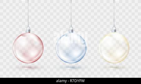 Christmas balls colorful set. Red blue and yellow xmas balls isolated on transparent background. Holiday decorative element for your design. Vector il Stock Vector