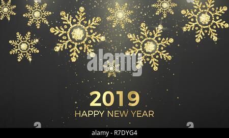 Golden snowflakes and greeting text isolated on black background. New Year and Christmas magic decoration background. Holiday banner or poster. Vector Stock Vector