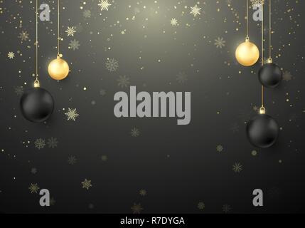 Shiny Christmas holiday background. Snowflakes and sparkles with golden and black Christmas balls decoration. Vector illustration Stock Vector