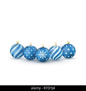 Blue Christmas balls Set. Holiday Decorative Elements. Vector illustration isolated on white background Stock Vector
