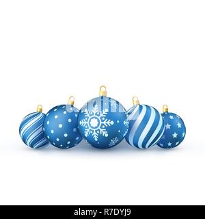 Blue Christmas balls Set. Holiday Decorative New Year tree toys. Vector illustration isolated on white background Stock Vector