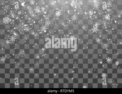 Snowfall and falling snowflakes on dark transparent background. White ...