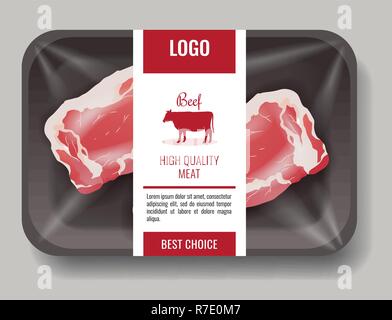 High quality products, meat, pork and beef in package with label template Stock Vector