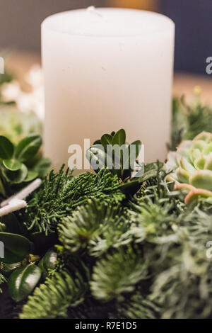Close up of advent wreath with white candles on christmas, switzerland Stock Photo