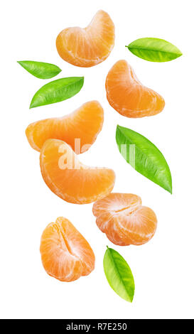Falling mandarins isolated on white background. Clipping path Stock Photo
