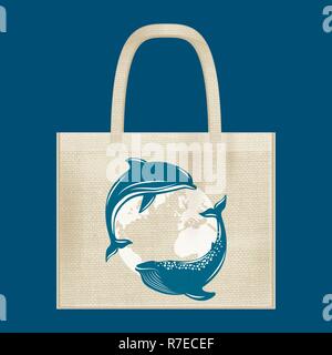 Canvas cotton textiles eco bag. Whale, dolphin, planet Earth. Natural color. Stop plastic pollution. Grunge burlap texture Stock Vector