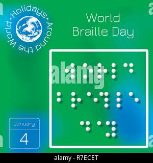 World Braille Day. Name of the holiday stylized Braille. Calendar. Holidays Around the World. Green blur background - name, date illustration Stock Vector
