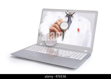 Telemedicine concept. Doctor with a stethoscope on the computer laptop screen. Stock Photo