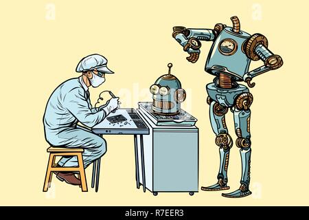 The robot came to repair the head. Electronics engineer specialist. Pop art retro vector illustration kitsch vintage Stock Vector