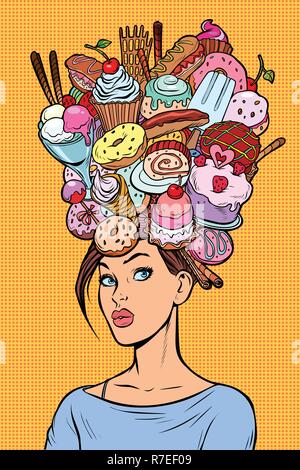 Hungry woman thoughts concept. Sweets baking birthday. Pop art retro vector illustration kitsch vintage Stock Vector
