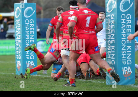 Coventry, UK. 8th December 2018.    Colin Quigley scores a try under the posts to open the scoring for Doncaster in the 6th minute of the Championship Cup match played between Coventry rfc and Doncaster Knights rfc at the Butts Park Arena, Coventry. Credit: Phil Hutchinson/Alamy Live News Stock Photo