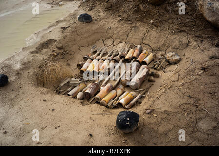 Jericho, Palestine. Autonomous Areas. 09th Dec, 2018. Explosives found in the land of monasteries in the area of Qasr al-Yahud 'Castle of the Jews', the third highest holy place in Christianity, considered the baptismal site of Jesus Christ. Clearing work by the international anti-mine charity Halo Trust and the Israeli authorities in the region continues to clear landmines around seven old churches abandoned on the west bank of the Jordan, south of Jericho, since the 1967 Six-Day War. Credit: Ilia Yefimovich/dpa/Alamy Live News Stock Photo