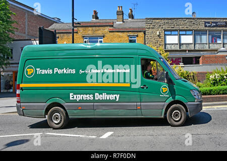 Travis Perkins builders merchants building materials supply chain business local express delivery van & driver Brentwood high street Essex England UK Stock Photo