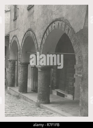Marches Macerata San Severino Marche Teatro Feronia, this is my Italy, the italian country of visual history, Two exterior views of the arcade facade of the theater. Stock Photo