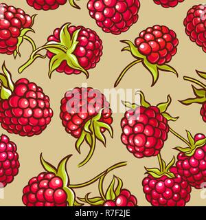 raspberry berries vector pattern on color background Stock Vector