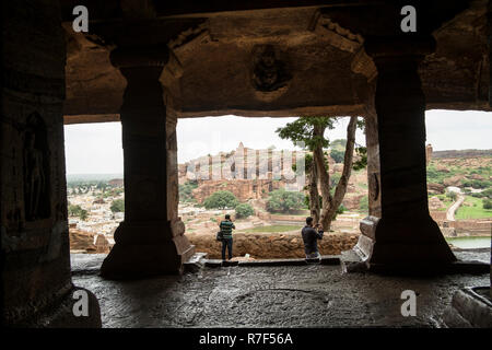 View from inside a Badami Cave Temple in Badami in Karnataka, India. Stock Photo