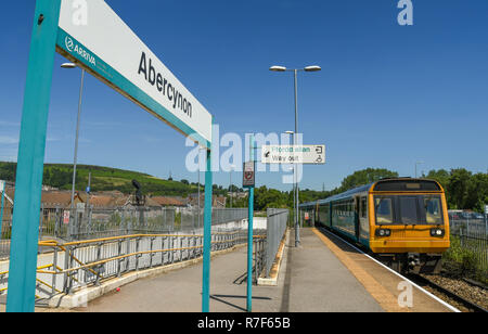 Diesel commuter train at a platform in Abercynon railway station in Rhondda Cynon Taf. The Valley Lines are part of the South Wales Metro. Stock Photo