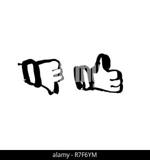 Like and dislike grunge icon. Thumb up and down. Negative and positive brush sign. Vector ink illustration. Stock Vector
