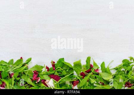 Green and red edible vegetable leaves of chicory, viewed from above on white painted wooden table surface with copy space. Kitchen ingredients, recipe Stock Photo