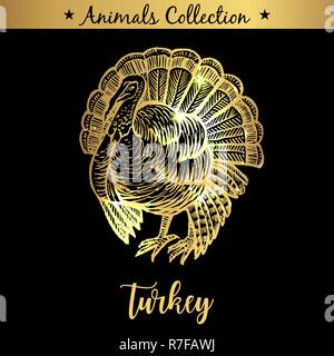 Golden and royal Hand Drawn Emblem of farm Turkey animal. Butchery shop branding, dietary meat products. Butcher market. Gold Outline Sketch and lettering. Contour drawing concept Stock Vector