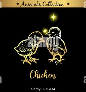 Golden and royal Hand Drawn Emblem of farm Chicken animals. Butchery shop branding, meat products. Butcher market. Gold Outline Sketch and lettering. Contour drawing concept Stock Vector