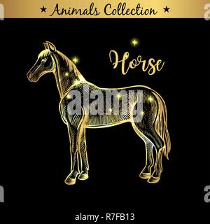 Golden and royal Hand Drawn Emblem of farm Horse animal. Butchery shop branding, meat products. Butcher market. Gold Outline Sketch and lettering. Contour drawing concept Stock Vector