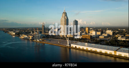 Beautiful blue skies over the downtown city center in an aerial view of Mobile Alabama Stock Photo