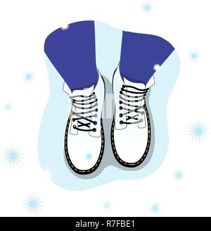 Vector illustration of the top view of the female legs in boots on the snow. Stock Vector