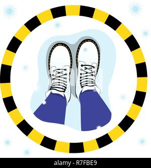 Vector illustration of the top view of the female legs in boots on the snow, in circle stripe. The psychological concept of personal boundaries Stock Vector