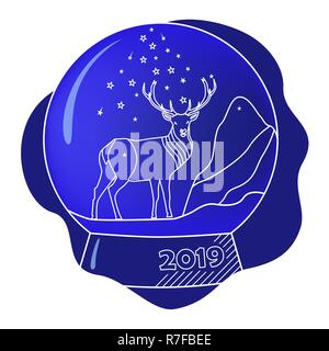 Blue winter snow globe in a deer and snowflakes with stars inside, square happy new 2019 year greeting card Stock Vector