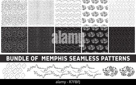Bundle of Memphis seamless patterns. Set of hand drawn marker and ink patterns. Simple vector scratchy textures with dots, strokes and doodles. Black  Stock Vector