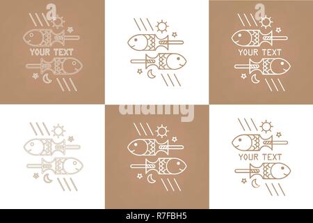 Vector drawing two fish, logo for a 24-hour restaurant, bar, market, online store, website. Stock Vector