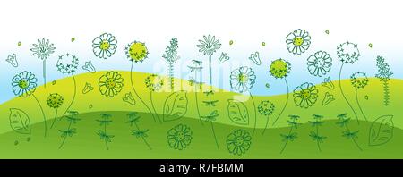 Floral repeating pattern on a gradient background of the landscape, the cover of the site, website, page. Drawing of chamomiles, bells, wildflowers Stock Vector