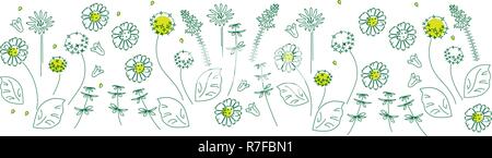 Floral repeating pattern on a gradient background of the landscape, the cover of the site, website, page. Drawing of chamomiles, bells, wildflowers Stock Vector