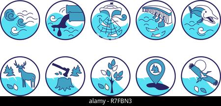 Environmental protection, water, forest, animals stickers Stock Vector