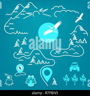 Vector set of ecological signs, map, mountains, forest, cutting, stump, bird, location, group of people. Stock Vector