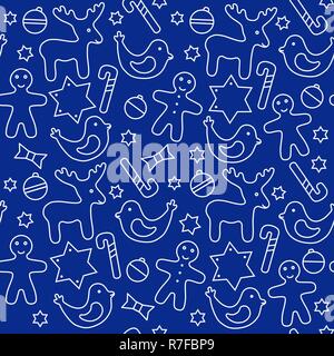 Vector Christmas Seamless Pattern. Blue background with deer, balloons, stars, birds, ginger men, candies, website cover, social networks pages Stock Vector